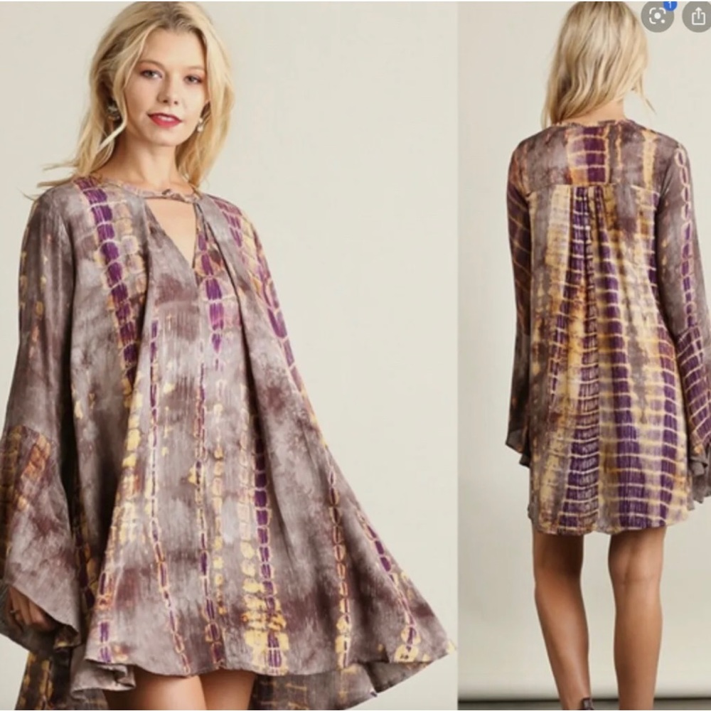 Umgee Long Sleeve Tie-Dye Shift Dress in Purple, Tan, Gold